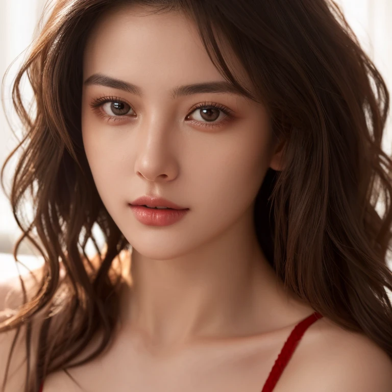 ((4k)),((masterpiece)),(best quality),((ultra detailed)), ((realistic)), (wavy Hair),((cinematic lighting)), depth of field, (dynamic angle),((beautiful detailed eyes), ((dynamic pose)), pretty face, red lip, large boobs, ((detail face)), cleavage, ((formal style)), perfect body
