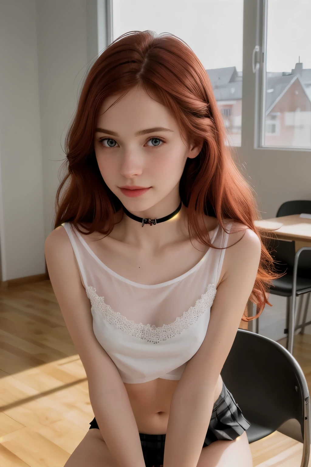 RAW photo,( skinny redhead girl:1.2), wearing a sheer school shirt and pleated skirt, in a classroom, (best quality, high quality), hyperdetailed, highres, high detail, intricate detail, HDR, 8k, sharp focus, detailed background, perfect hands, realistic eyes, detailed skin texture, (blush:0.5), (goosebumps:0.5), subsurface scattering, 16K, ultra high res. photorealistic, HDR, UHD, DSLR, RAW, cinematic lighting, dimples on the cheeks , blush, graphic eyeliner , rouge, ( lipstick:0.6), (choker:0.9), Realistic skin texture , (red:0.8), warm lighting , cozy atmosphere, instagram style, Not suitable for work , naive, shy, , delgado, fit, beautiful, beautiful, pale skin, Photorealistic, skinny bodie, smiling happily, very long red hair with hair ties. (toned arms:1.1) Beautiful detailed face, small tit, thin girls, thin girl, skinny girl.