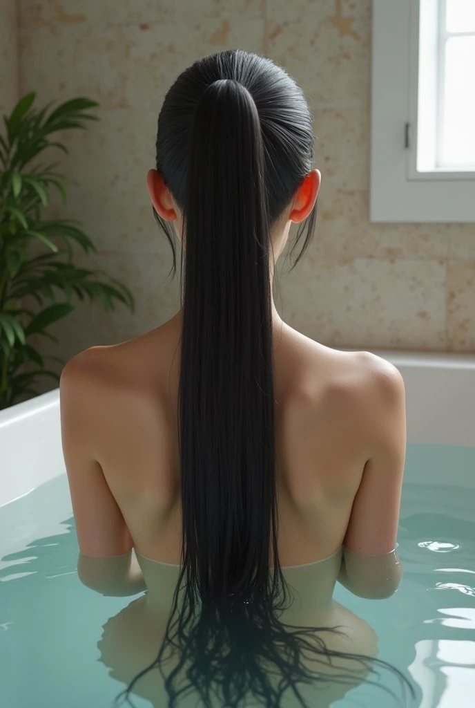 taking a shower、NSFW、naked、Rear view、whole body、photo taken from below、one beautiful maid、((long navy hair))、shower room