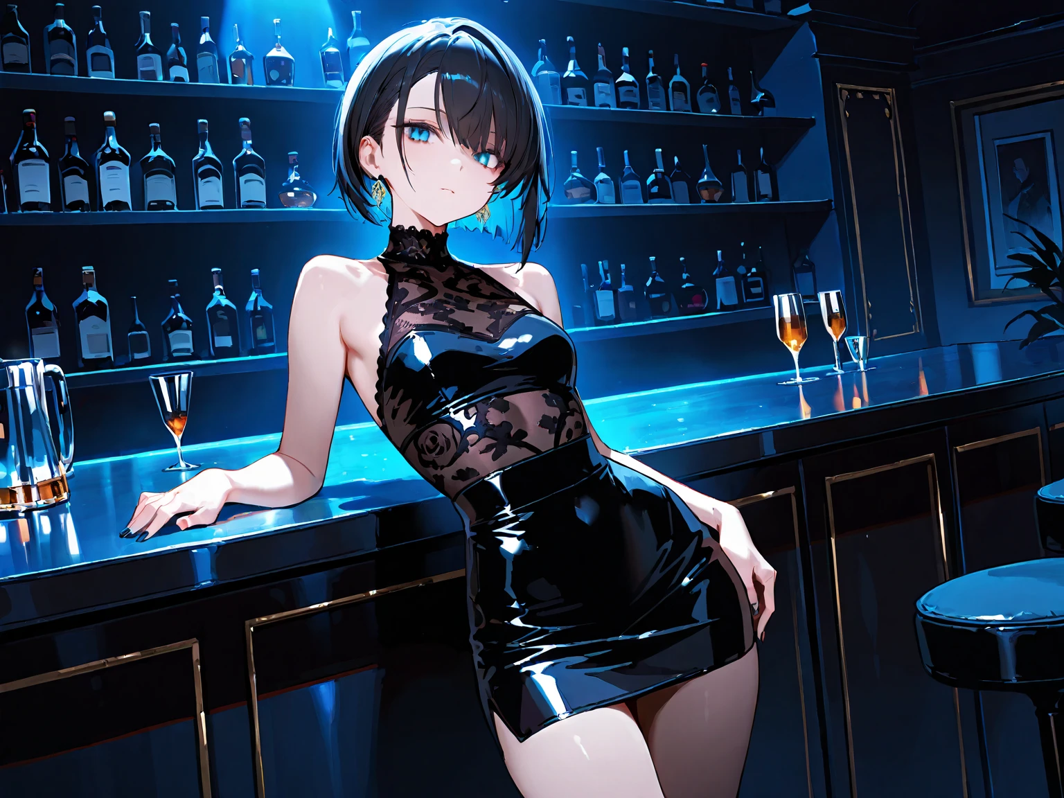 1girl, solo, short hair, black hair, black eyes, huge breasts, black dress, strapless dress, tube dress