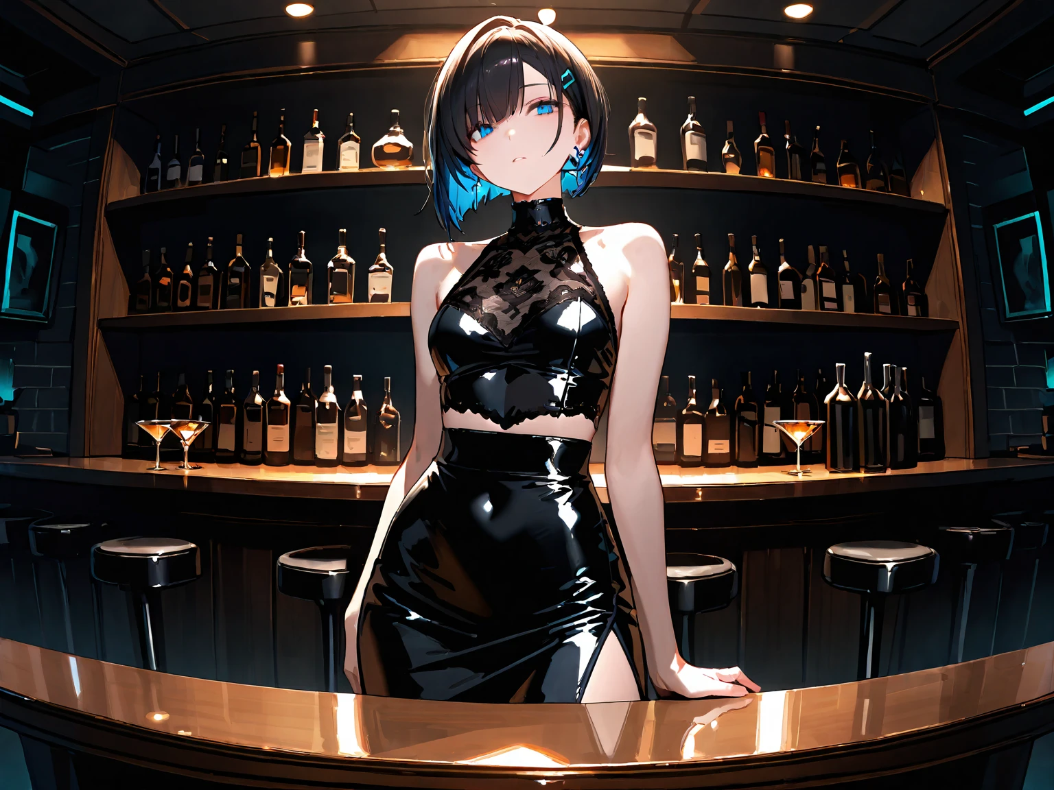A woman serving customers at the bar counter, latex, She is wearing a penguin costume, In the bar, ((Highest quality)), ((masterpiece)), (Familiar), Perfect Face, Skirt cowboy shot,Holding a sign in front of the chest,Sexy Woman, Medium chest,, ((Upper Body)), close,