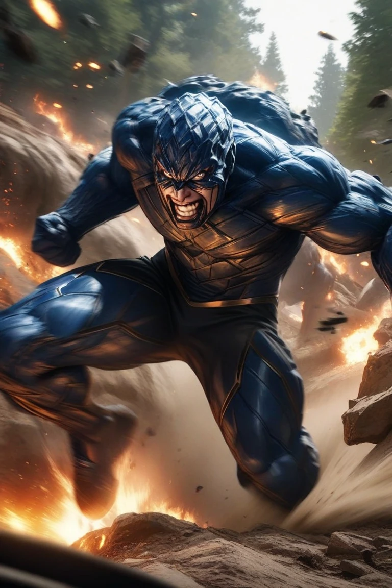(maximum quality) man (strong superhero), (long black hair), fighting giant arachnids in a destroyed city, (born fighter), (metallic spiders attacking), metallic tech suit with blue and gray details, burning cars on decaying streets, burning buildings, crumbling buildings, shrapnel everywhere