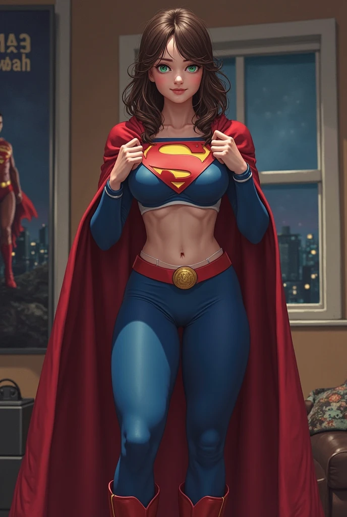 (sexy,beautiful,detailed) I (illustration,artwork), (best quality,4k,8k,highres,masterpiece:1.2), ultra-detailed, (realistic,photorealistic,photo-realistic:1.37), vibrant colors, captivating eyes, radiant smile,beautiful female sexy supergirl, black hair, green eyes, (black and silver outfit) , red cape with a midriff (ed benes style) (comic style) (full body) UHD 8
