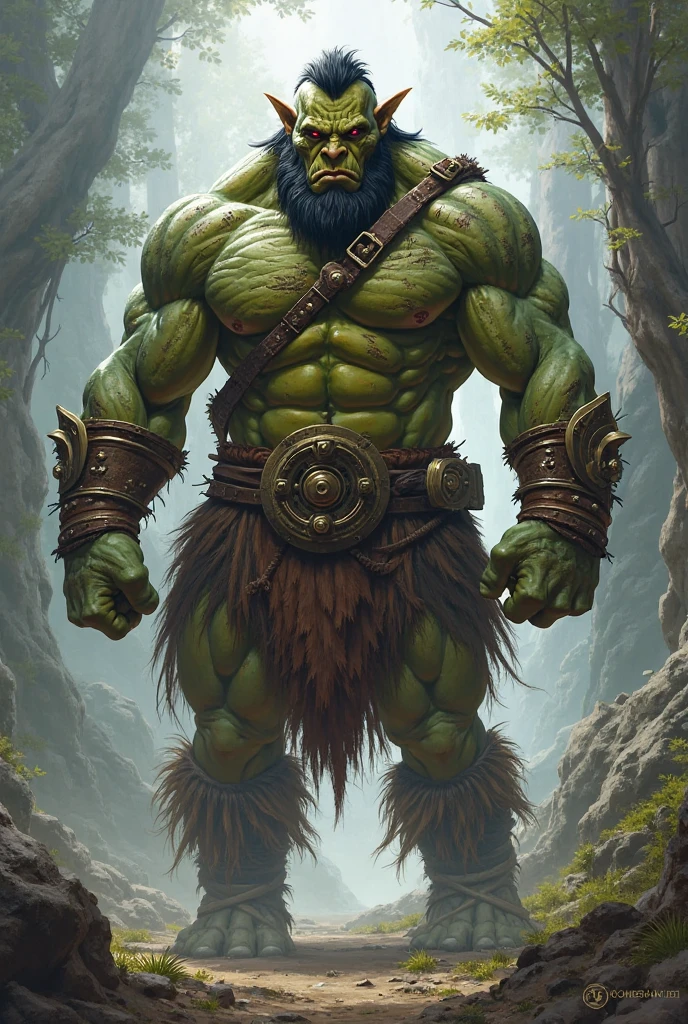Illustration of an RPG character in close-up full body ogre character sheet