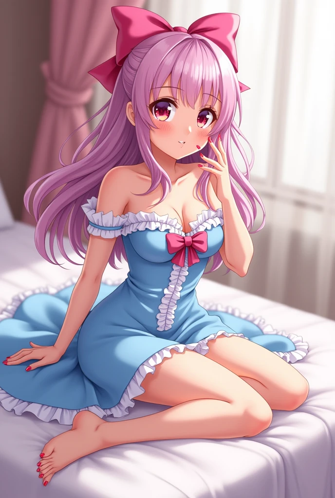 Anime woman with embarrassed face sitting facing front with long pink hair with a big bow and light blue dress showing her legs open at 45 degrees upwards showing her white underwear and buttocks wearing blue flat shoes with a bow