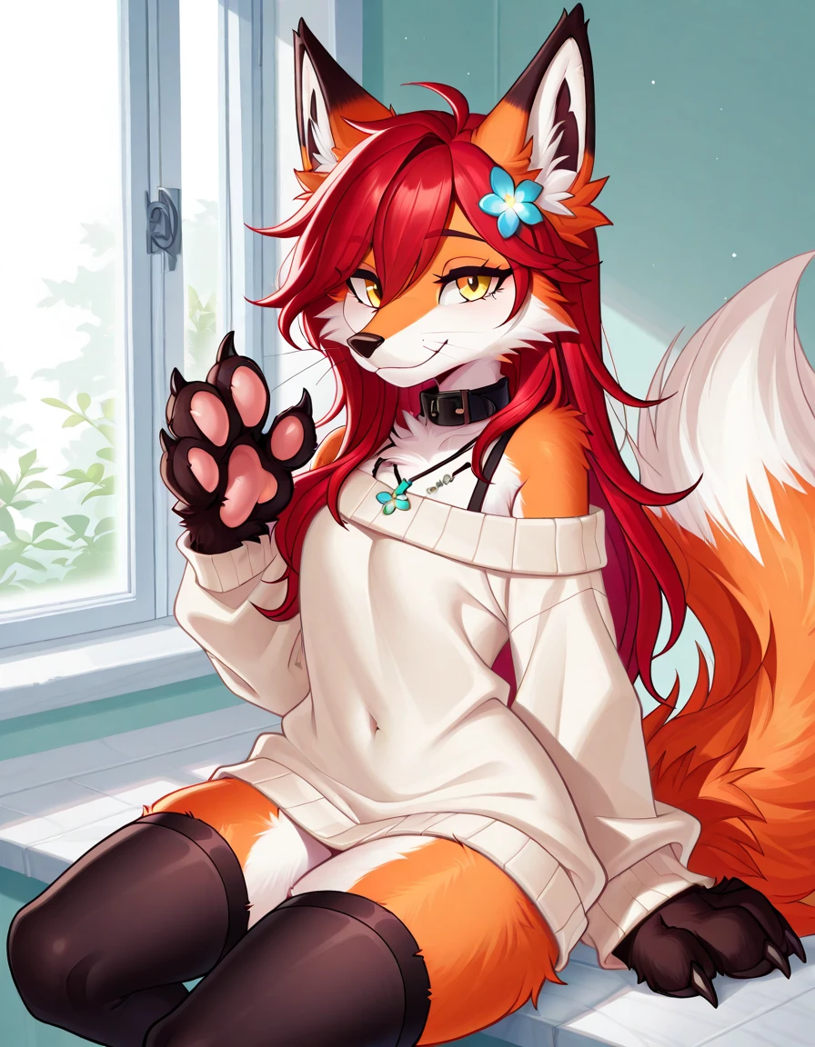 art by dagasi, kemono, Uploaded to e621.net, (Pixelsketcher), (wamudraws), (masterpiece), (HD), (high res), (feet visible), (furry anthro), (detailed fur), (detailed shading), (beautiful render art), Kimiko, anthro kid, furry, (white fur), fox ears, fox girl, (small snout:1.5), fluffy tail, (red eyes), beautiful and detailed eyes, [(slim figure, flat chest, skinny)], (curvy hips), (beautiful legs), in her room, wearing pijama lace lingerie, 
