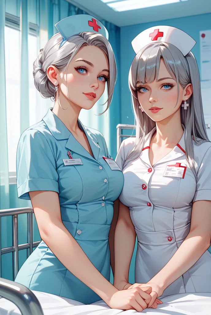 Tia is shown to have a fairly slender figure. She has white-grey hair , she has short hair and large pale green eyes, An enthusiastic and ambitious girl, a doctor in a hospital tries hard to help her patients.  The girl appears clearly attentive to the medical condition of the patient she is treating, speaks to him tactfully and treats him with kindness and respect.
 The girl is wearing a white suit, a doctor's hat, and holds stethoscopes over her ears.  A board appears behind her with cases related to health and medicine, surrounded by medical equipment and various medical supplies.
 The girl appears confident in her ability to provide excellent medical care to patients, and appears very sad about the condition of the patient she is treating.  The design is characterized by its soft colours, and reflects the spirit of care and affection of nurses and doctors., cleavage exposed, big breasts, superior quality, many details, Puri focus  Sharp and realistic
