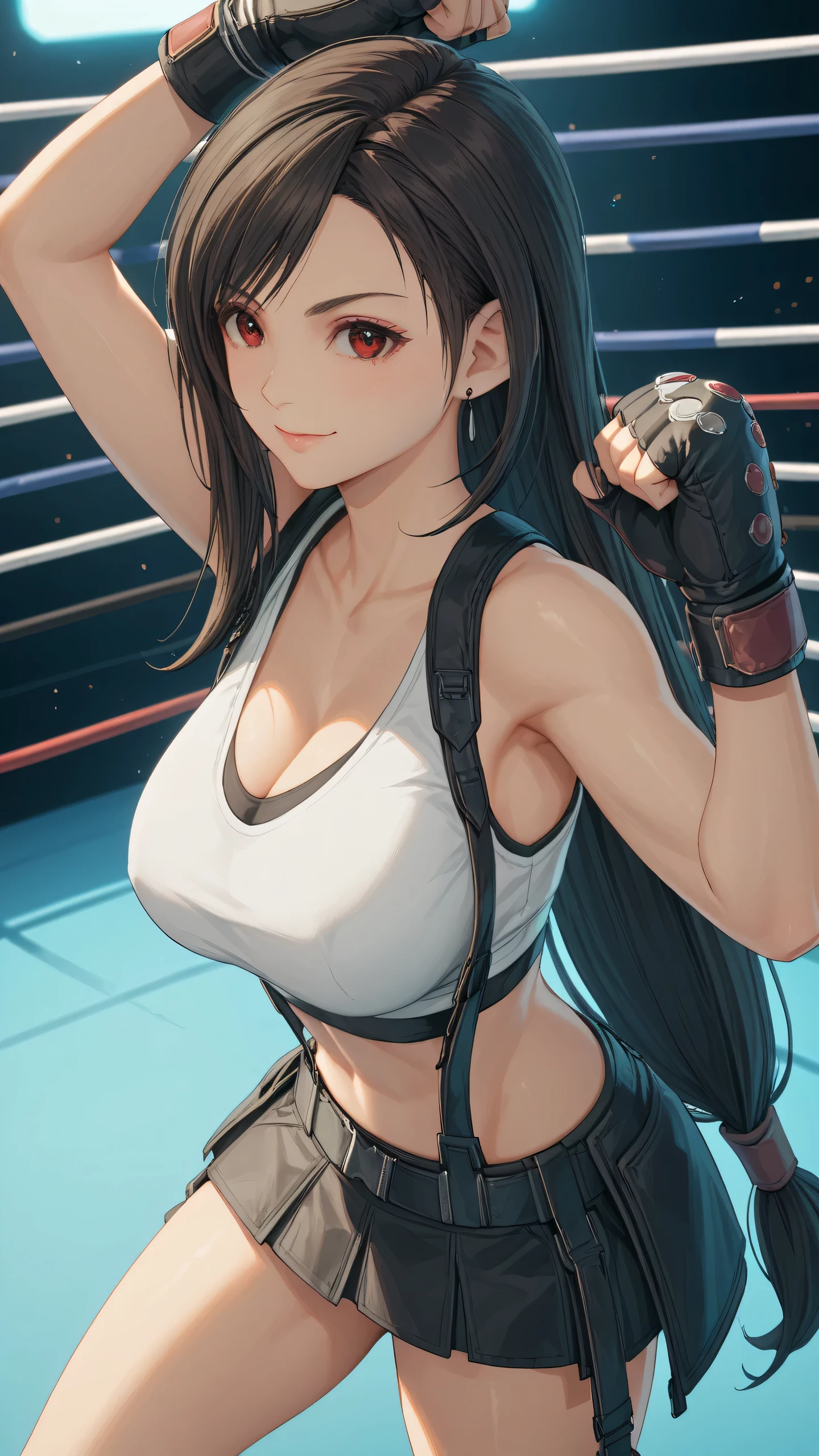 tifa7re, solo, white sports bra, black sports very short spats, boxing gloves, bare thigh, cleavage, large breast, slim body, detailed eyes, detailed face, serious smile, looking at viewer, arm up, (portrait, from side-above). boxing ring, spectator seats, (depth of field).
