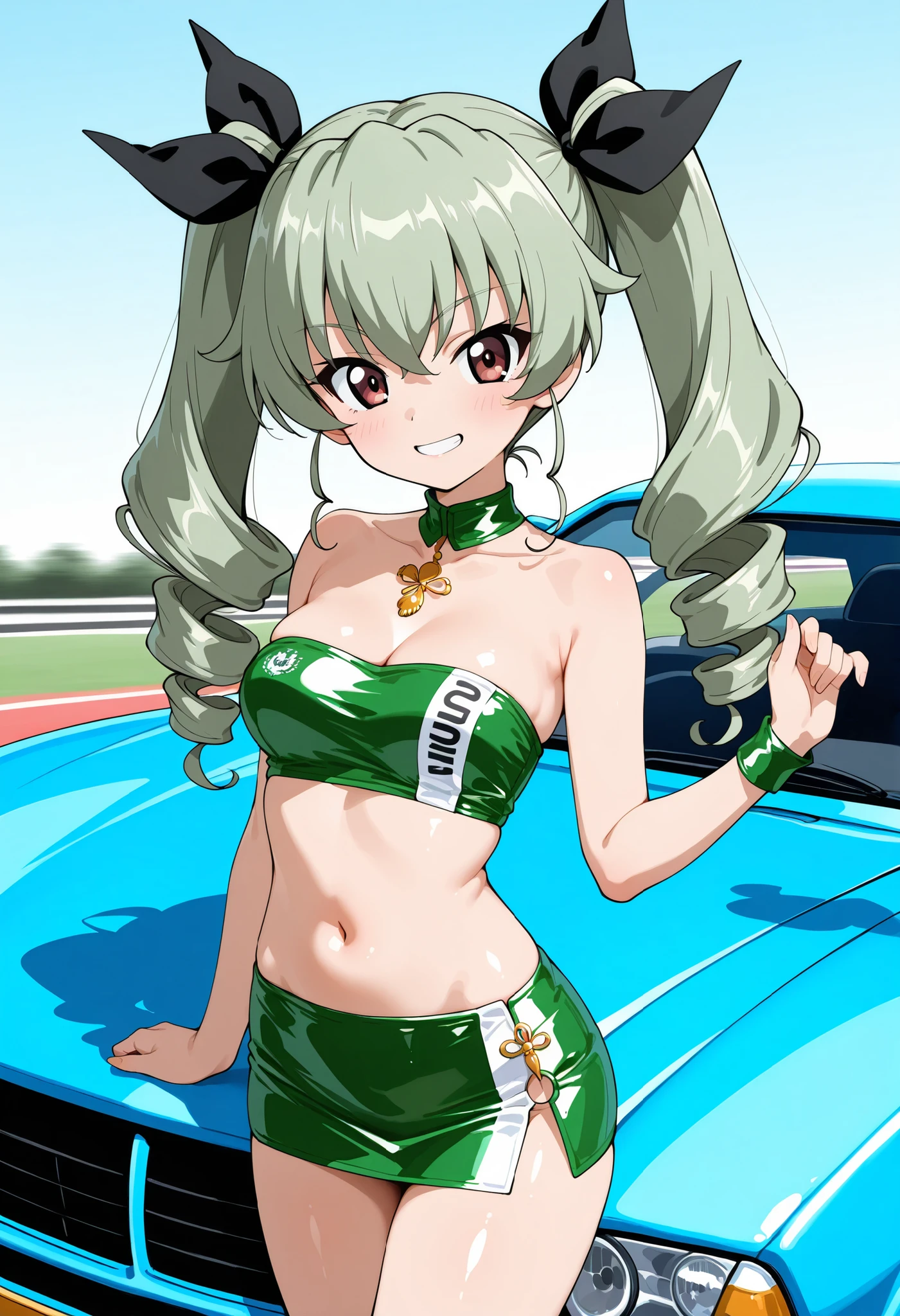 Highest Quality, details, high resolution, 8k, 超high resolution, Soft Saturation, Standing、1 girl on break day, solo, anchovy  \(girl&panzer)\, drill hair, green hair, twin drill ,  hair bow, long hair, ((Shimmering Micro Mini Skirt , green shiny micro tube top shot in front of car , Race Queen :1.3)) , Attractive colors 、(photograph:1.2) , viewers looking straight up