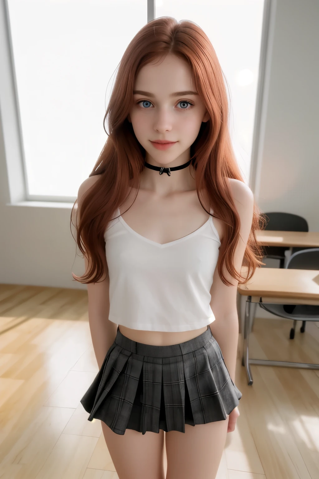RAW photo,( skinny redhead girl:1.2), wearing a sheer school shirt and pleated skirt, in a classroom, (best quality, high quality), hyperdetailed, highres, high detail, intricate detail, HDR, 8k, sharp focus, detailed background, perfect hands, realistic eyes, detailed skin texture, (blush:0.5), (goosebumps:0.5), subsurface scattering, 16K, ultra high res. photorealistic, HDR, UHD, DSLR, RAW, cinematic lighting, dimples on the cheeks , blush, graphic eyeliner , rouge, ( lipstick:0.6), (choker:0.9), Realistic skin texture , (red:0.8), warm lighting , cozy atmosphere, instagram style, Not suitable for work , naive, shy, , delgado, fit, beautiful, beautiful, pale skin, Photorealistic, skinny bodie, smiling happily, very long red hair with hair ties. (toned arms:1.1) Beautiful detailed face, small tit, thin girls, thin girl, skinny girl.