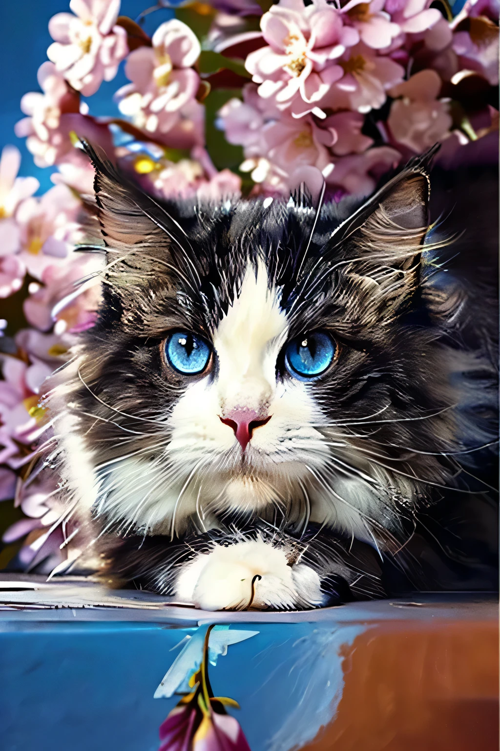 Picture of a blue-eyed cat with flowers, just a joke , by Randy Gallegos, Detailed painting 4k, by Rob Alexander , Alex grey cat , try Andrews : : gorgeous, Lisa Parker , by Jaime Jones, Greatest Masterpiece Ansolo Portrait, by justin gerard, Pat Adams , Casey Weldon, by Renee Lee, Feather