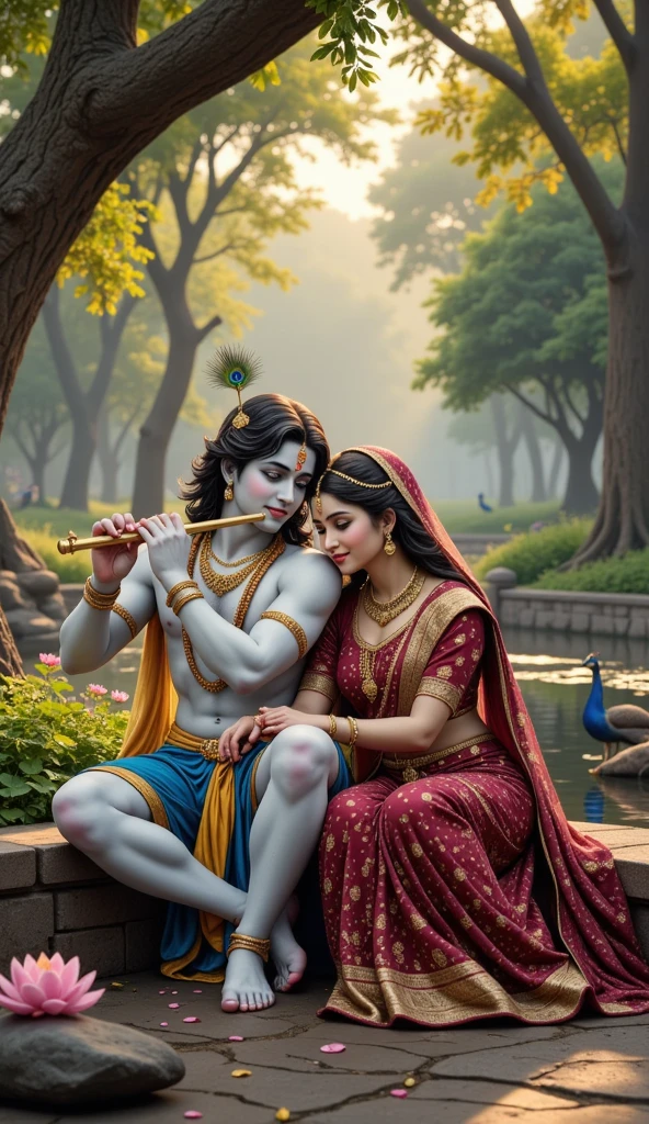 Depict a serene, sunlit forest scene with Lord Krishna and Radha seated together on soft grass. Lord Krishna, with his blue skin and adorned in traditional attire, plays the flute gently, while Radha leans on him lovingly. Krishna wears a peacock feather crown, vibrant garlands, and flowing orange garments. Radha, dressed in a beautiful saree, holds a small white calf beside her, adding to the peaceful ambiance. The background features lush green trees with sunlight filtering through the leaves, creating a warm and divine atmosphere.