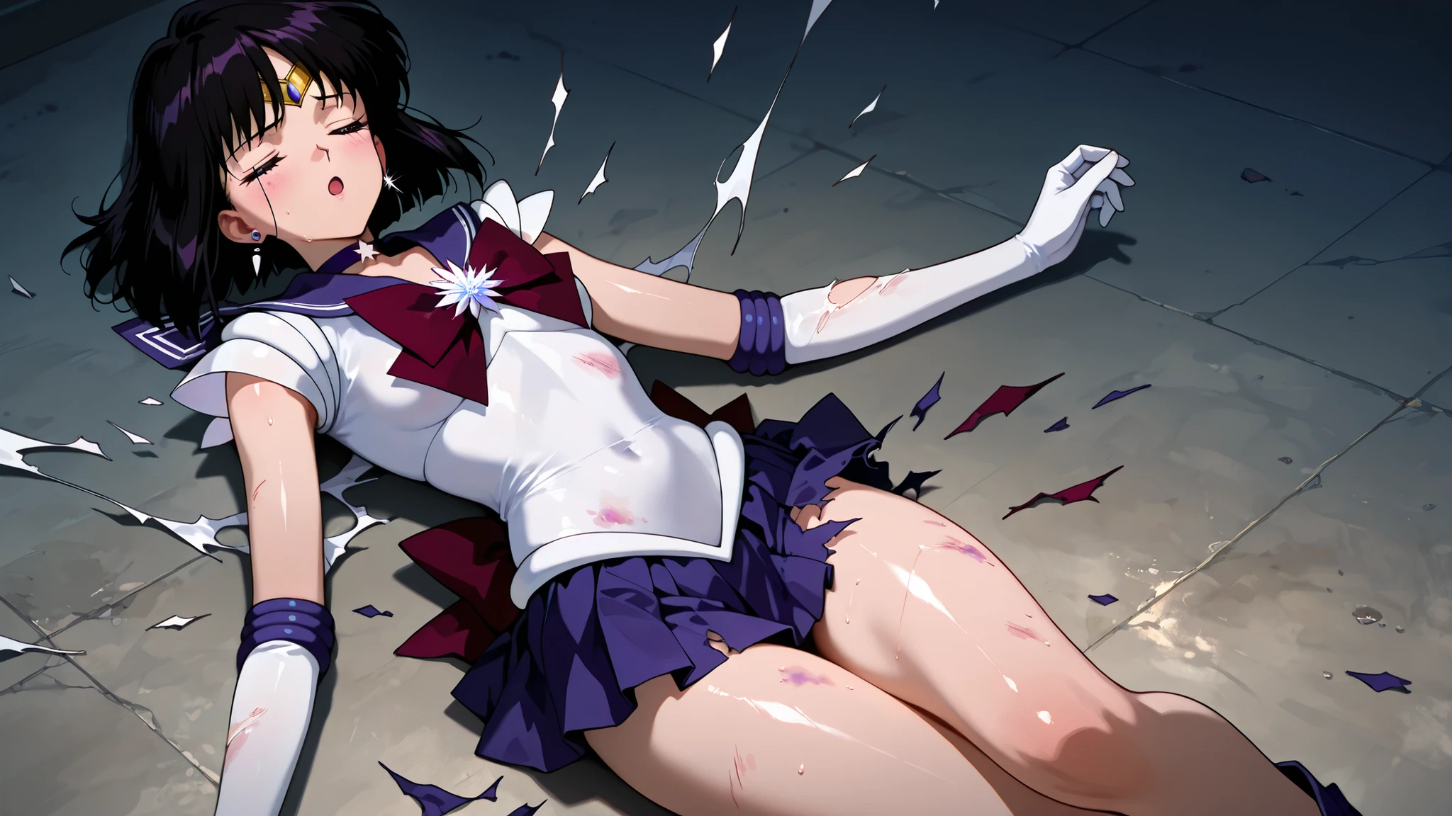 masterpiece, amazing quality, best quality, ultra-detailed, 8K, illustration, clear skin, ultra-detailed-eyes, soft skin, very awa, very as2, shiny skin, shiny hair, soft body, 90's style, official art, 1girl, hotaru tomoe, small breasts, short hair, black hair, skirt, gloves, bow, jewelry, pleated skirt, earrings, choker, elbow gloves, white gloves, sailor collar, star (symbol), magical girl, tiara, brooch, purple skirt, back bow, sailor senshi uniform, star choker, purple sailor collar, star brooch, sailor saturn, lean back, closed eyes, :o, torn clothes, bruise, exploding clothes, on the floor