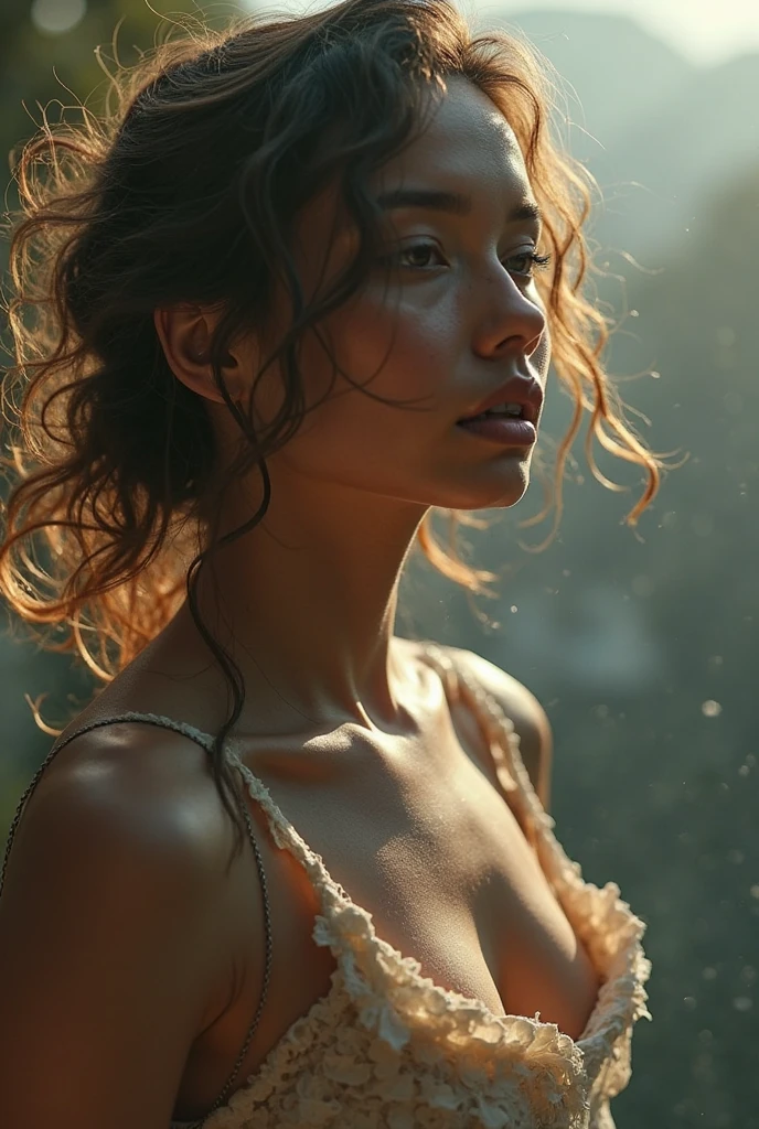 Nfsw:1.5, deepest cleavage, topless, gorgeous young shy woman, french, dusty highway, flowers in wind, fog, haze, sweaty, dripping, hot girl, humid, wet hair, victorian lingerie, sexy nightgown, showing clevage, rose petals, beautiful face, sunlit, covered in flowers and petals, godrays, cozy, wet skin, morning dew, backlighting, hazy, golden hour, morning light, erotic mood, alone, countryside, shy, masterpiece, best quality, ultra-detailed, solo, smoke, shadows, contrast, close-up, cinematic light, side lighting, ultra high resolution, best shadow, RAW, 4k, sexy, cleavage