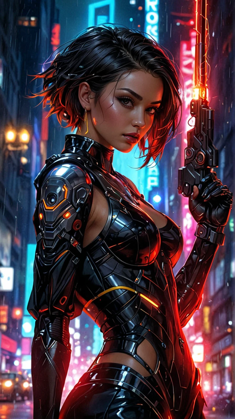 (((HD photo))), ultra high res.photorealistic:. 1.4, UHD, masterpiece, trending on artstation, (1woman, 35yo), pretty, cute face, most beautiful in the world, soft, delicate, (very short hair, blonde:1.3), cute breasts , (neon lighting, wearing really white tactical detailed suit with bikini type, future mechanical tactical suit,), woman soldier:1.4, (standing and aiming with gun), ((holding with the gun and aiming), (night:1.3, cyberpunk 2027 city background, (highly saturated colors)),