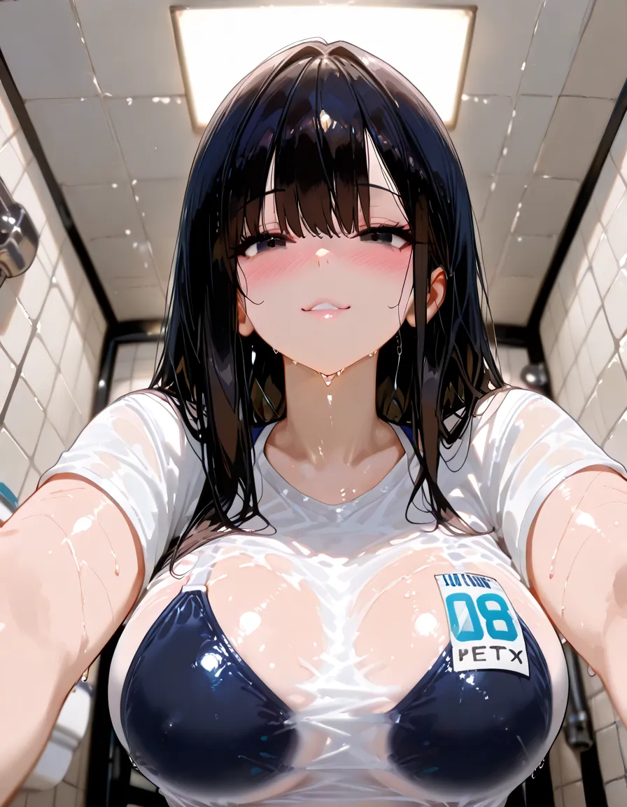 Thick giant chick leaning forward tentacle pops out from within her mouth, crying eyes 