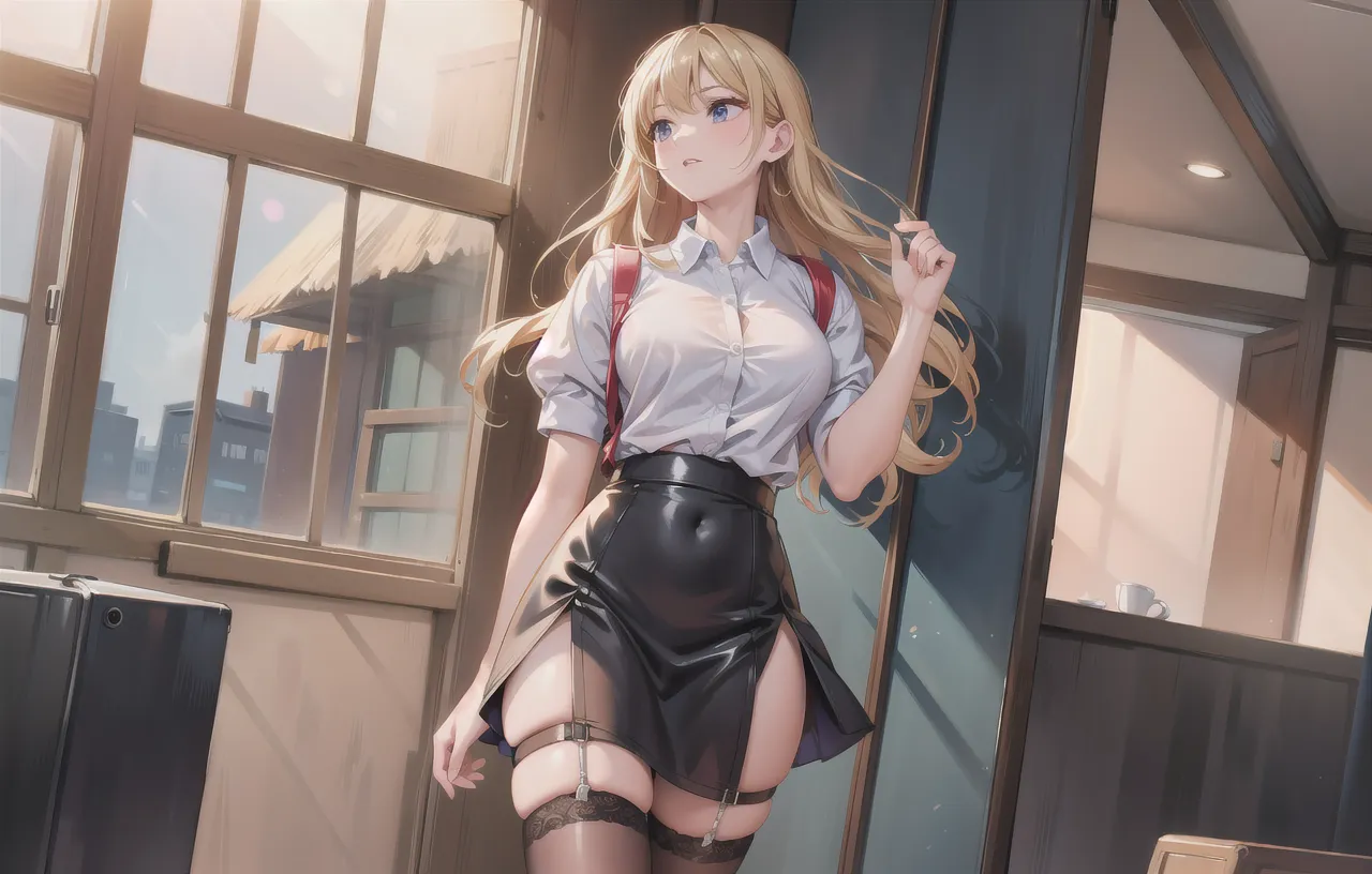 1 girl, alone, Outdoor, NFSW, Beautiful details, 16k, masterpiece, Super detailed, beautiful girl, 24-years-old, blonde chignon hair, Hunter Dress, (Panty flashing), Focus on the crotch of women's pants, ((Feminine, detailed, shiny, padded lace light blue panties)), (She was break dancing and her skirt was riding up、The pants look very good),