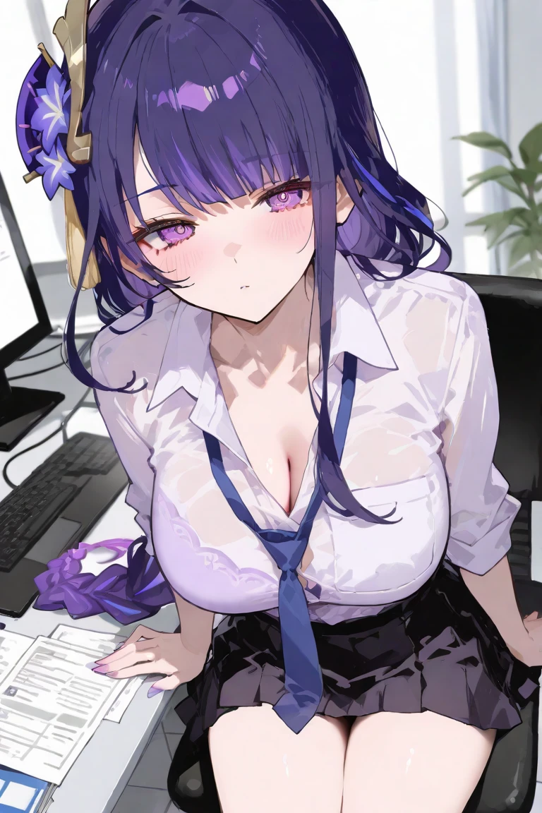 (masterpiece)1 girl, Guest Secretary, Genshin Impact, best quality, expressive eyes, perfect face, upper body size, Smile, blush, Wearing an office shirt and getting wet, indoors, sky, simple background, lie down, watching , 明亮的sky空, watching at viewer, stairs, Moody's Lighting