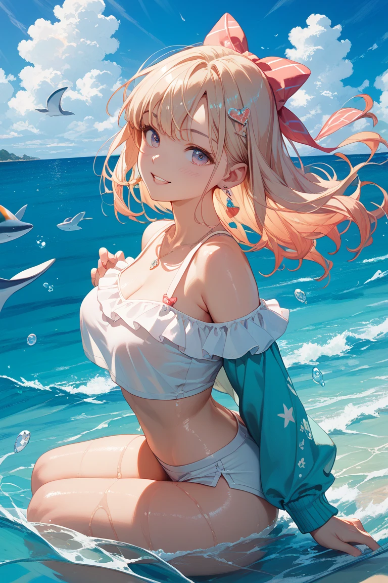 1 girl, :d , beach, summer, bikini, aqua_nails, ball beach, beach_umbrella, beachball, bird, bracelet blonde_hair, cloud, cloudy_sky, cocktail_glass, collarbone, cup, drinking_glass, drinking_straw, eyewear_on_head, flamingo, food, fruit, blue_eye, hair_between_eyes, hair_ornament, hairclip, holding, holding_water_gun, inflatable_flamingo, jewelry, knee_pads, lime_(fruit), looking_at_viewer, multicolored_hat nail_polish, navel official_alternate_costume, outdoors, pink_bracelet, pink_nails, pink bikini, sandals,