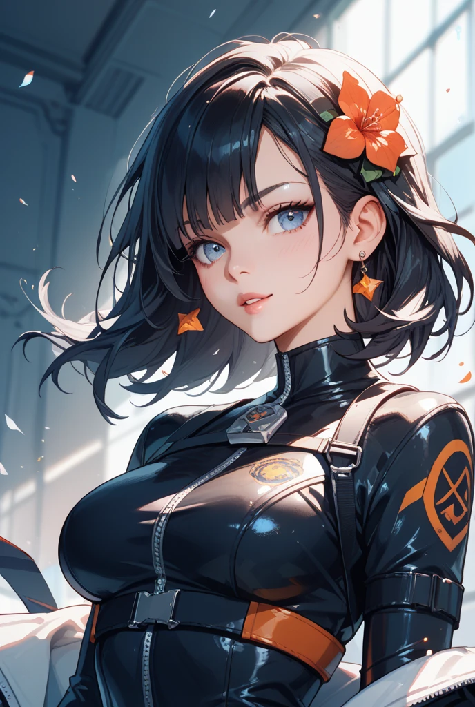 masterpiece、Top image quality、Black hair、Black bra、Colossal 、mechs、animesque、8K,masterpiece, bset quality,Colossal titsirl in)、((Pit Girl Suit))、shinny skin、Shiny big、dark-brown eyes、 ((top-quality))、 Crisp focus:1.2、Highly detailed facial and skin texture、A detailed eye、face perfect、perfect bodies、art by、nffsw、Blur the background、japanes、Big breastrong presence、Circuit field、Blur the background、Cowboy Shot、