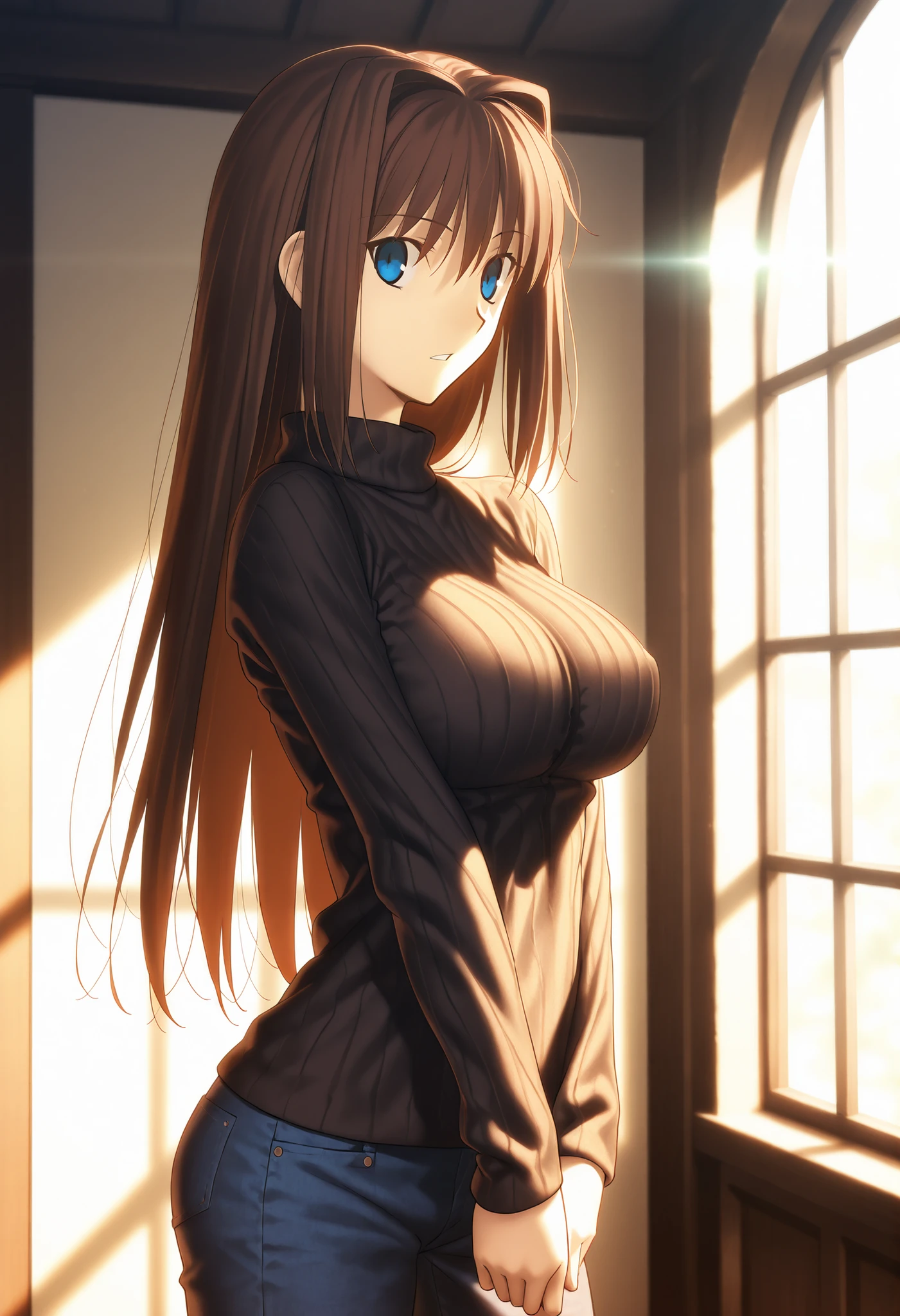 masterpiece, , absurdres, highres, detailed background, high resolution, masterpiece, necessary, detail, best quality, quality, necessary, details, High details, Precise, indoors, (dappled sunlight), day, lens flare, blurry background, from side, solo,
1girl, , , official style , (type-moon,tsukihime) style, koyama hirokazu style, shiny skin, ,
tall girl, slim body, slender body, aozaki aoko, brown hair, long hair, hair intakes, blue eyes, , black knit, turtle neck knit, arran knit, denim, looking at viewer, ,large breasts, cowboy shot, ,