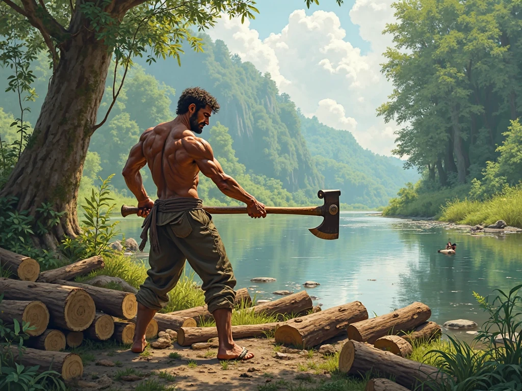 Woodcutter cutting woods near the bank of the river with tool in his hands