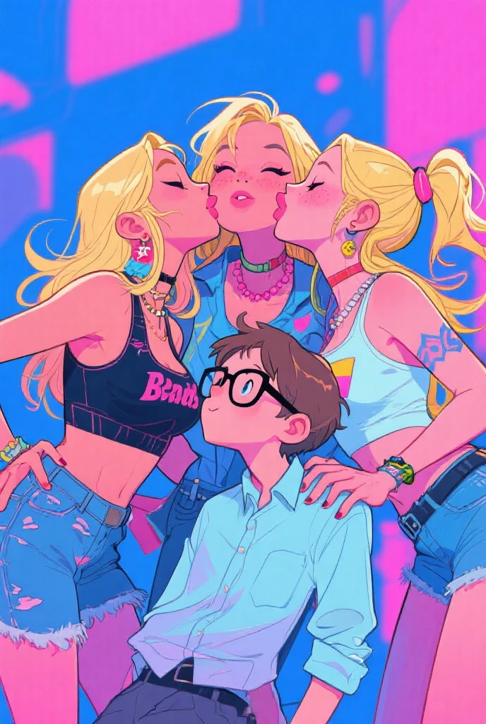 masterpiece, best quality, (2 girls:1.5), nice hips, slut, slutty bimbo clothes, medium breasts, smile, slut, young girl, bratty girl, wide hips, (white crop top), (white shorts), midriff, hip sway, slutty dancing, (nightclub), neon lights, many male, surrounded by men, multiple men, thong, (nightclub:1.5), nightclub lighting, detailed eyes, pink and white outfits, straight hair, different haircolors, blonde, brunette, girls kissing each other:1.5, (lesbians kissing),KISS, ((deep kiss)), half open eyes, hands on each others body, (lips making contact), leaning into each other,