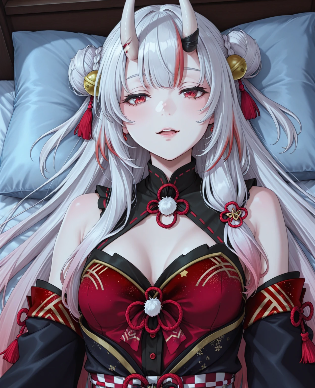 NSFW,masterpiece,Highest quality,High resolution,Super detailed,Shishirabotan\(Hololive\),Double Odango、flower、Side Lock、Lion's tail、White kimono、Off the shoulder、fur ornament、Black Hakama、Short skirt,Bad smile,blush,Prostitute,(Red light district),Japanese-style room,Sexy pose,(Seduce),Sitting,heart,Throw kiss,From above,Sticking out tongue