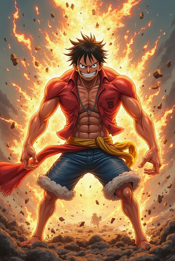 Luffy retaliates and punches his arms with haki