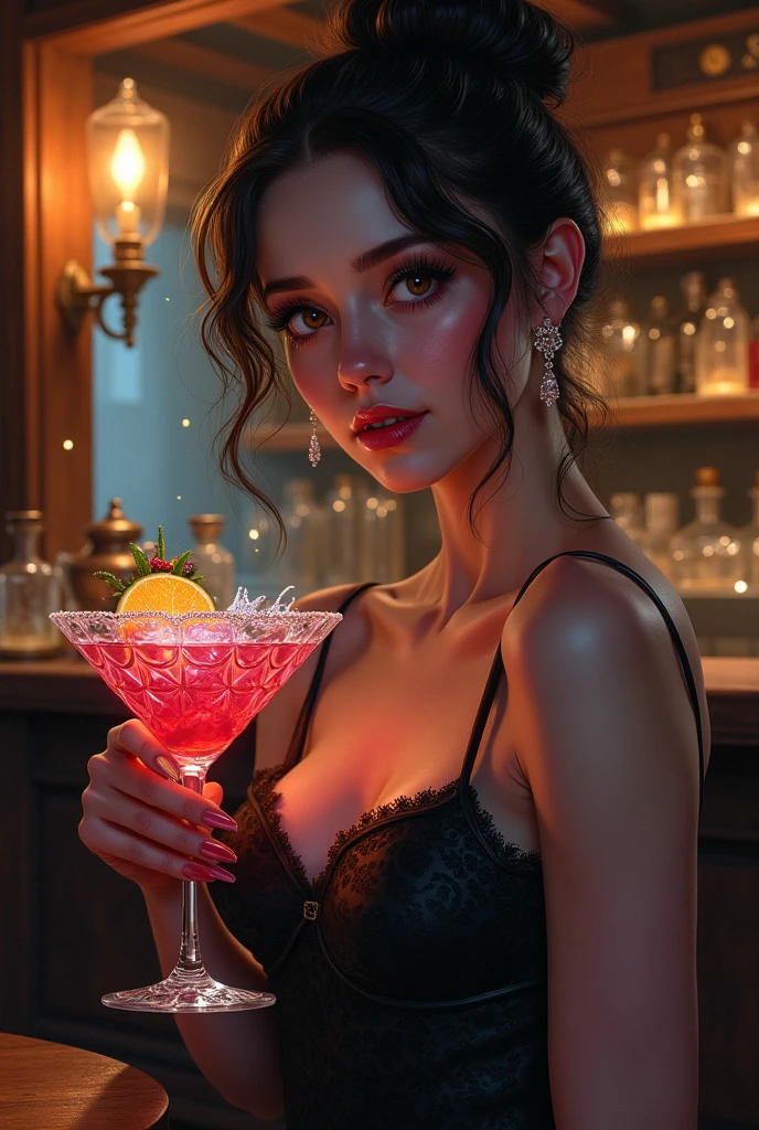 Big breaat girl, behind a purple daikiri, this drink is in a elegant cup