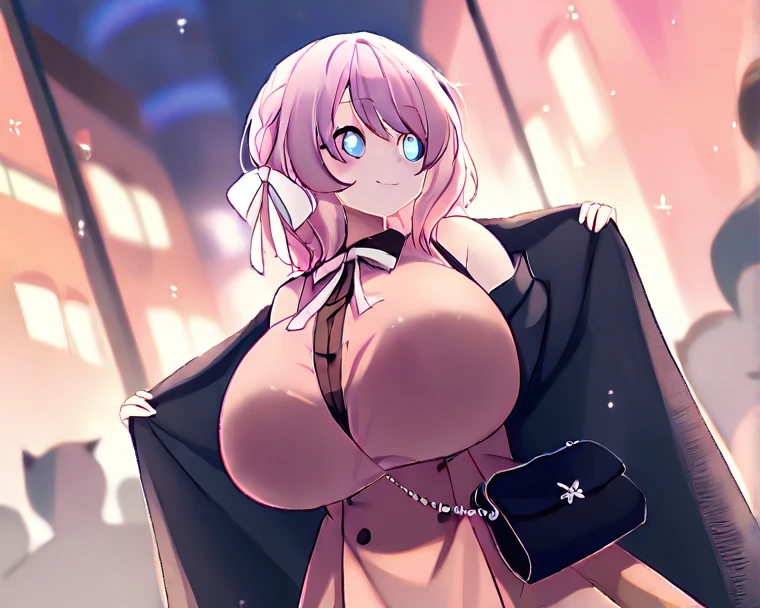 masterpiece, best quality, ultra high res, ultra-detailed, outside in a dark alley, night, night downtown landscape, 1 girl, anya, slut, (short pink hair: 1.5), (green eyes: 1.2), (hair ornament: 1.3), red gloss lipstick, black eyeliner, hairy pubic hair, (gigantic tits and giant cleavage: 1.6), (erotic lace-trimmed black thong: 1.4), (no bra: 1.4), (black fishnet tights: 1.4), (silk purple coat: 1.4), (black high heels: 1.4), horny, sexy, (wet body: 1.3), (anya is vulgarly opening her coat showing her body while standing with her legs wide open and squirting love juice from her pussy and while she is looking to the viewer having a sexually excited and slutty espression and a mischevious smile: 1.6)