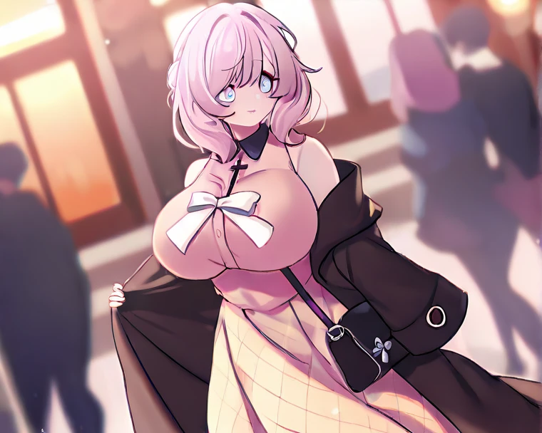mature_lady,masterpiece, best quality, very aesthetic, absurdres, 1girl, mature_lady,brown_coat,long_coat,black_bra,lace_bra, black_panties,standing,full_body,opening her coat and display her underwears,in subway,in crowd,shushing, silence gesture,grin,one eye closed,finger_to_mouth,blush,tears in eyes,embarrassed,,kafka_(honkai:_star_rail), honkai:_star_rail, honkai_(series), 1girl, butterfly_ornament, eyewear_on_head, hair_between_eyes, large_breasts, long_hair, purple_eyes, purple_hair, round_eyewear, sidelocks,,