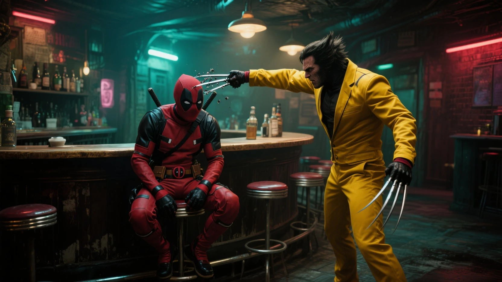 A realistic scene set in a dimly lit bar late at night. Wolverine is walking towards the exit, his shoulders tense and his head slightly bowed, as if he's carrying a heavy burden. At the bar counter, Deadpool sits alone on a stool, holding a half-empty glass of whiskey. His usually playful demeanor is gone, replaced by a rare moment of quiet sadness. His mask is off, lying on the counter next to the glass, and he stares down at it, lost in thought. The warm, golden light of the bar contrasts with the heavy emotions in the room, highlighting the sense of a friendship strained by difficult decisions." Show multiple images.