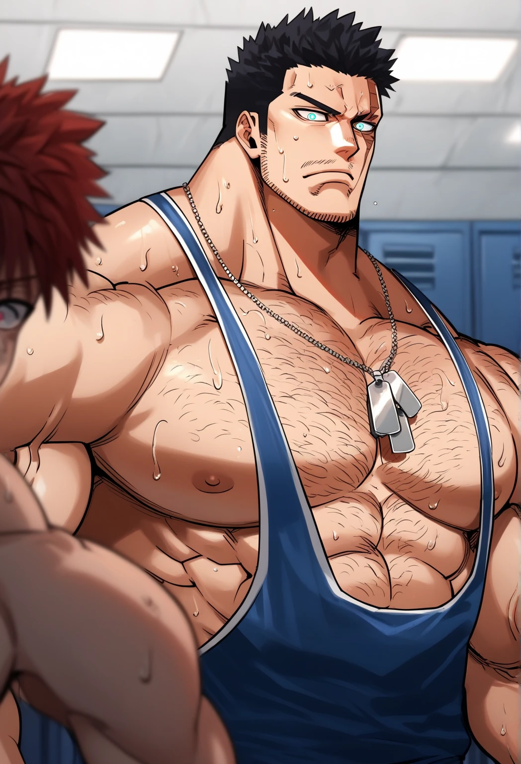 Ash Ketchum and from Pokémon and his long-lost twin brother flexing their biceps under hypnosis with glowing red eyes as they grow into big dumb sweaty hairy muscular football jock bros in a locker room. Hyper muscles. Massive muscles. Big biceps. Big triceps. Big traps. Broad shoulders. Big pecs. Bulging crotch. Hyper crotch bulge. Dumber and dumber. Blank stare with open mouth while saying, "I am a dumb jock.... I obey.... Dumber and dumber.... Yes, Coach.... Huhuhuhuh...." Slumped shoulders. Hypnosis. Brainwashing. Bigger and dumber jock bros. Assimilation. Transformation into big dumb muscular jock bros. Slumped shoulders. Massive crotch bulge. Bulging glutes. Thick stubble. Hairy armpits. Repeating triggers to be dumber and dumber each time they say them to think and focus only on growing muscle and being the perfect football jocks.