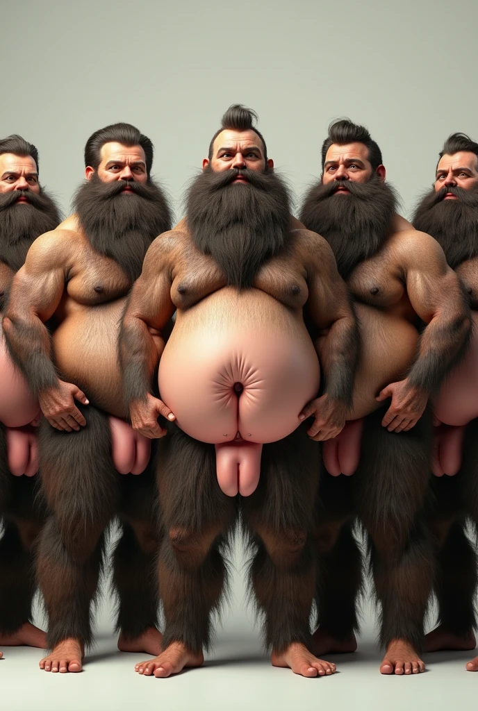 four heads one body, bison, grumpy face, frowning face, tired face, annoyed expression, obese, bloated, fat, older male, old, bathroom stall background, graffiti, anatomically correct eyes, shirtless, nipples, flaccid penis, testicles, nude, navel, sweaty, hairy, gross, hands on thighs, sitting on toilet, Pixar style, Disney style, rugged style, dirty style
