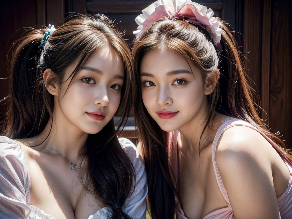 Best quality, masterpiece, Beautiful, 2 young latina women, looking straight at viewer, wearing simple open red full sleeve gown, posing on grassfield, professionalism, teen age, detailed face, detailed body, symmetric face, big cute eyes, cute happy face, dynamic pose, deep cleavage, perfect anatomy, photorealistic, curvy body, braid hair, 8k, ultra realistic, widescreen desktop wallpaper, small farmhouse background, waterland, ambient occlusion