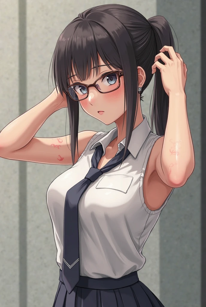 masterpiece, highest quality, NSFW, 1 girl, Vomiting blood from the mouth。painful expression。Glasses, ponytail, white crop top, cleavage, fine eyes, detailed facial features, リアルでHigh resolution (highest quality, 4k, 8k, High resolution, masterpiece:1.2)