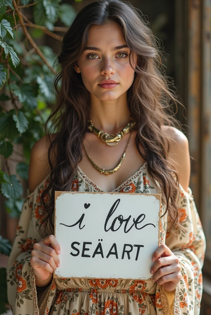 Beautiful girl with wavy long hair, bohemian dress, holding a white board with text "I Love Seaart Infinity" and showing it to the viewer