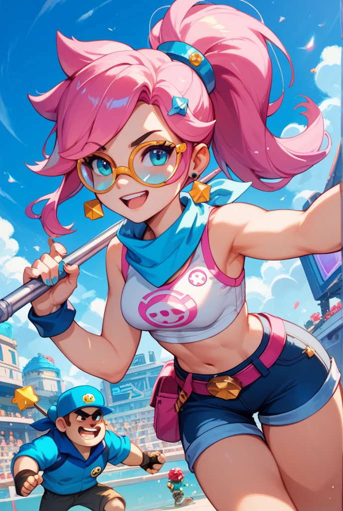 best quality, masterpiece, super high resolution, perfect anatomy, 1girl, blue hair, green hair, red hair, pink hair, purple hair, aqua hair, multicolored hair, medium hair, two side up, blue eyes, medium breasts, wide hips, pink and blue bikini top, multicolored_clothes, flame print, orange and green shorts, pink and blue belt, orange and pink sunglasses, headphones, antennae, 23 years old, absurdres, laughing, pointing