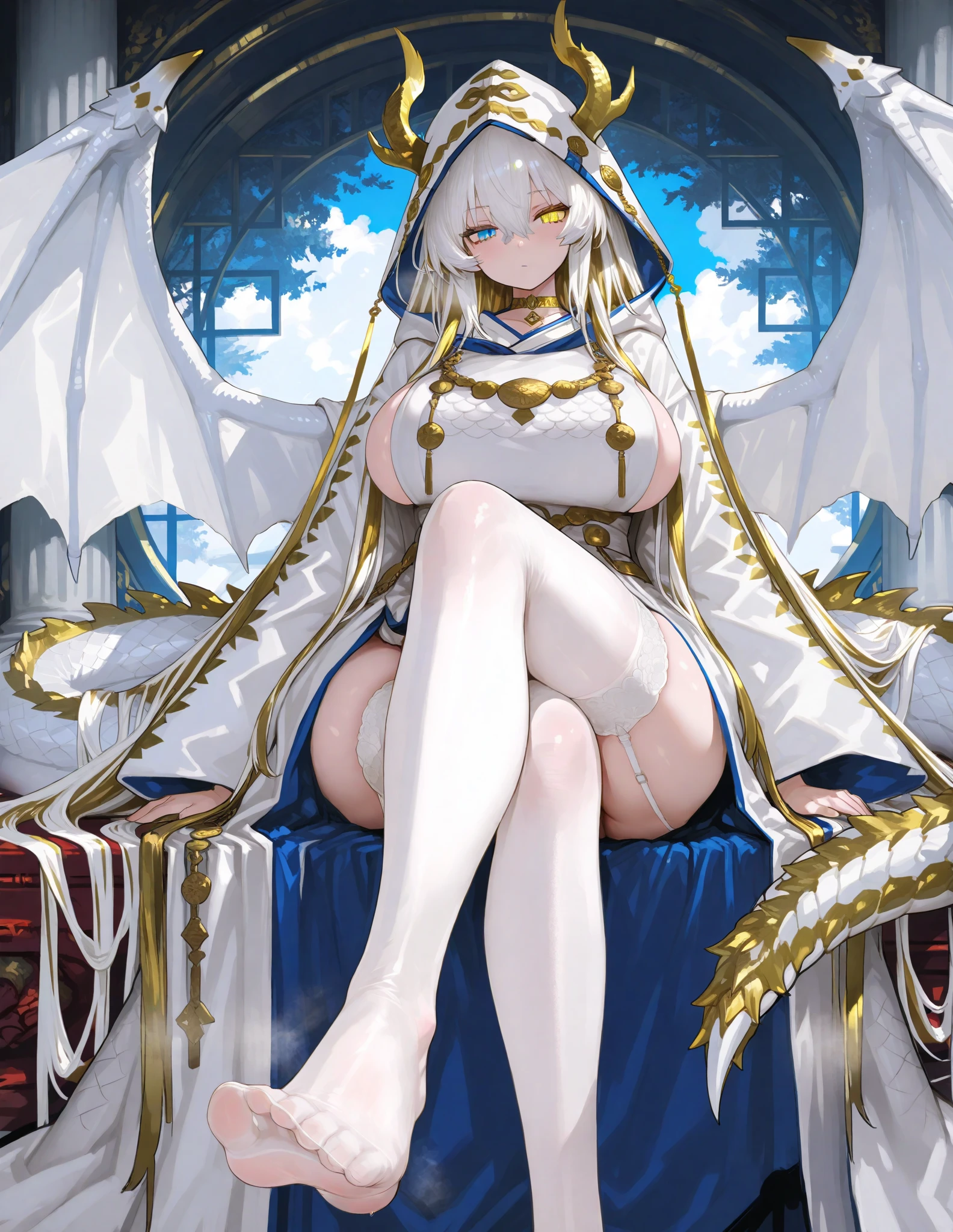 female, gold long hair with white trim, blue eyes, (((1girl))), (((bark blue regal dress with white and gold trim))), (dark blue gloves), (white stockings), (black metal boots), (wings shaped hairpins), cute and sexy, full body, huge breasts, long legs, smiling