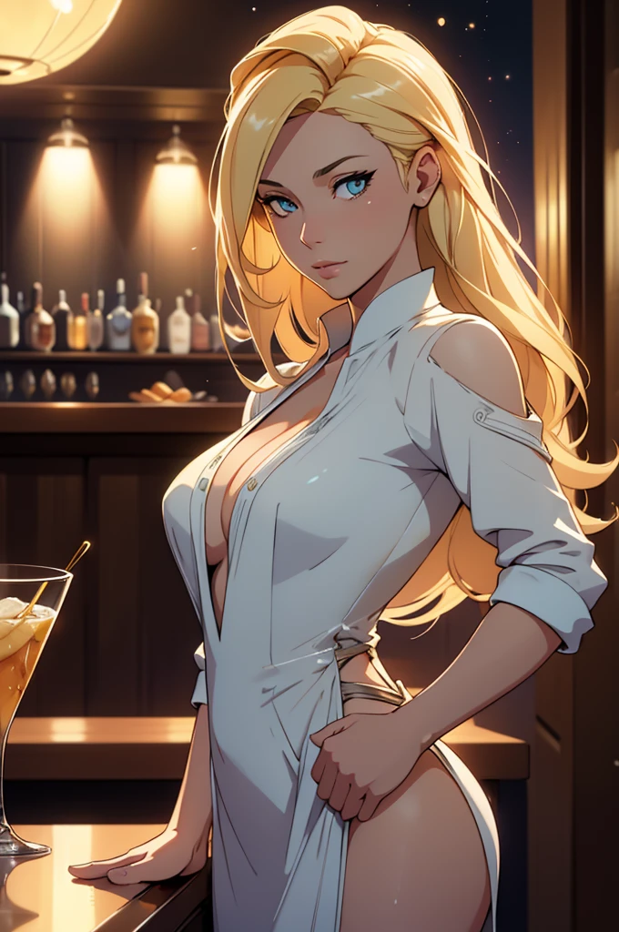 girl at a nightclub sitting at bar, eyeliner (masterpiece) (best quality) (detailed) (8k) (HDR) (wallpaper) (cinematic lighting) (sharp focus) (intricate) blonde hair, biting lip, medium hair, white and gold, sexy, blush, aroused, cleavage, shiny , wet skin, girl, dark makeup, action pose, jumping over bar, white shirt blazer and plaid skirt
