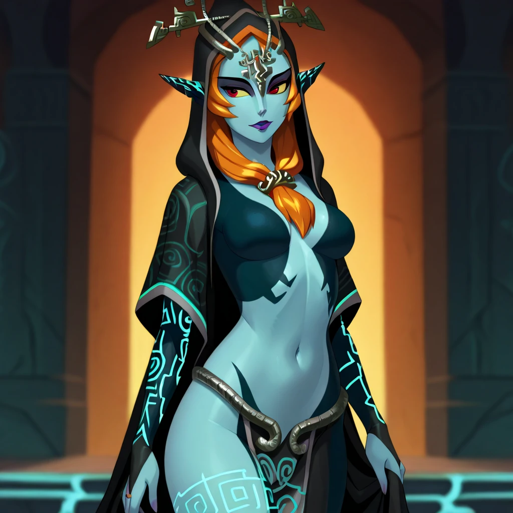 <lora:MidnaX_XL_AM_V1:1> (masterpiece, best quality, ultra detailed), intricate details, midnatrue, colored sclera, multicolored skin, two-tone skin, front ponytail, nude, cloak, hood, half-skirt, hair ornament, forehead jewel, smile, soft lighting, intricate, highly detailed, soft particles, fantasy landscape, moonlight, ruins, temple, overgrown, magic