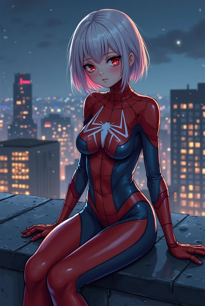 top-quality、Full limbs、complete fingers、one beautiful women、Beautiful Large Breasts、Medium Hair、Pink hair、spiderman full body costume、night skyscraper、Naughty Poses、A big smile