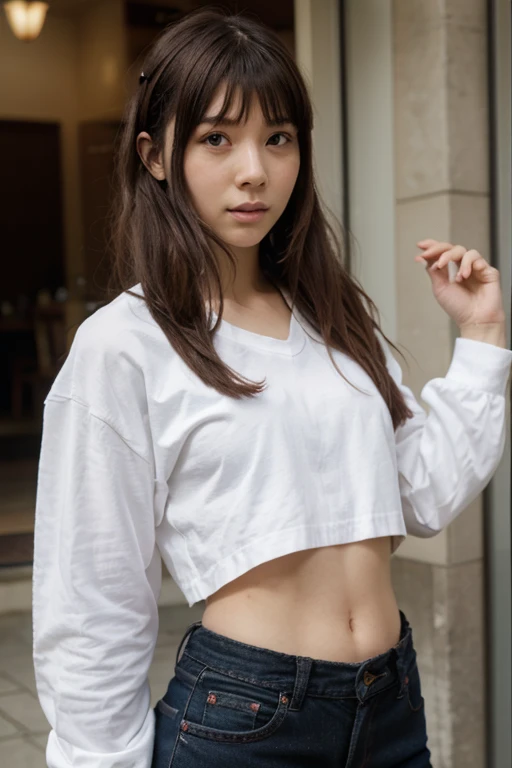 <lora:KanzakiKaori-14:1>, KKaori, purple hair, white shirt, ((asymmetrical clothes))