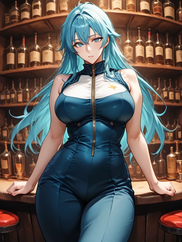 (masterpiece, official art), 1girls, solo, thick, curvy, curvaceous, blue hair, blue eyes, long hair, twintails, sona, (closeup), portrait, (gigantic breasts), (huge breasts), fluffy breasts, standing, cowboy shot, at bar, at night, looking at viewer, (upper body), grin, seductive, alluring attire, strapless tight evening dress, ring earrings, sapphire necklace, golden bracelet, open shoulders