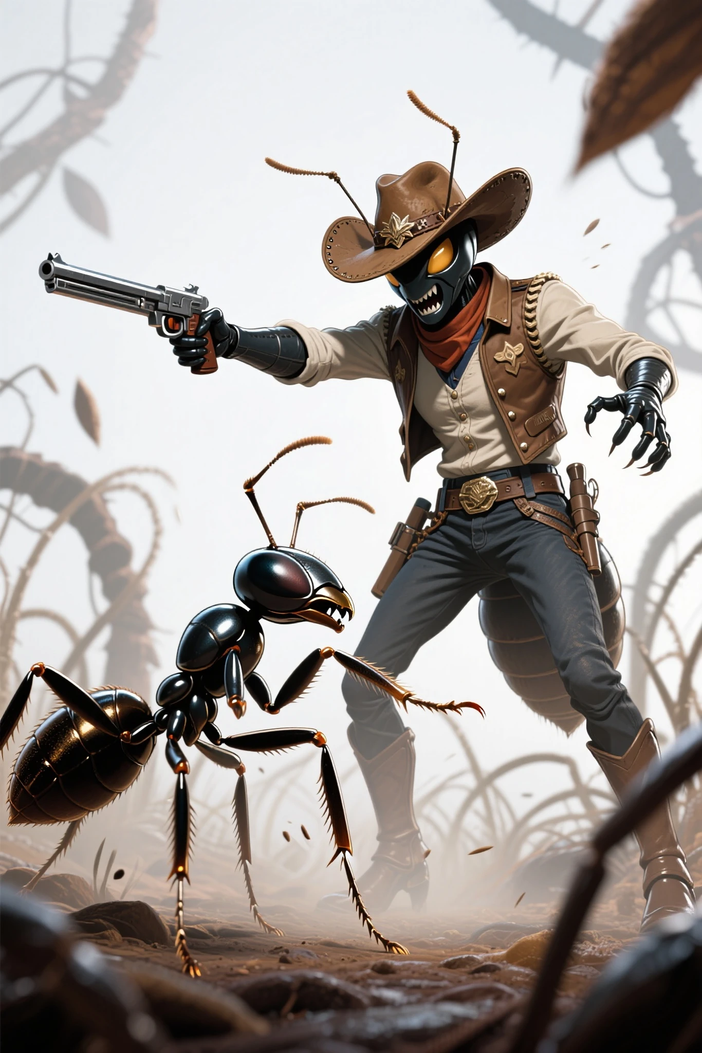 Giant cowboy ant enters the hall, animated, sci fi, realistic, anime, Western style