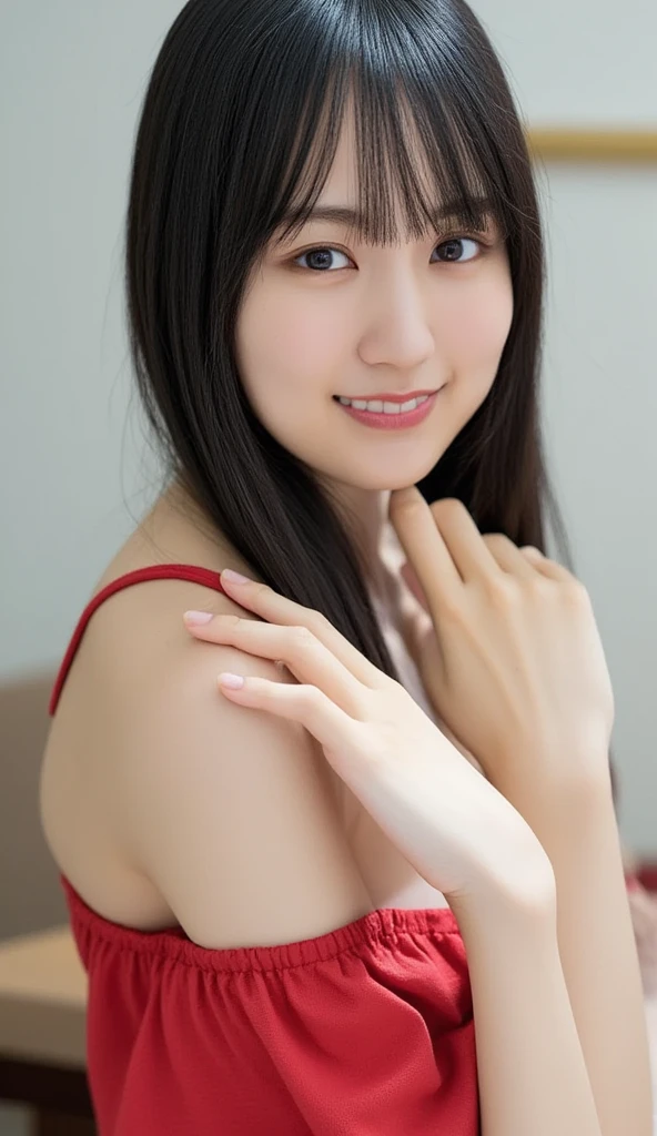 A woman wearing a sexy lace dress、25 year old Japanese woman、so beautiful、((Highest quality、High definition、high resolution、High resolution、masterpiece:1.3))、Photograph the whole body、Clear photos、RAW Photos、Detailed face、Dark Brown Hair、A refreshing smile