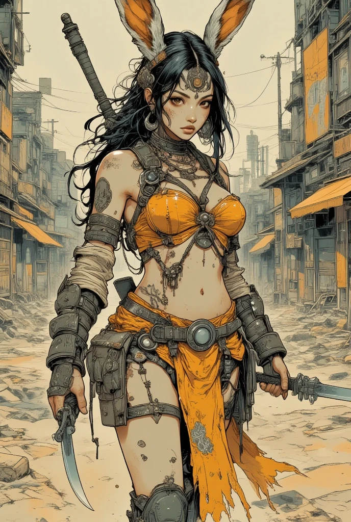 (((mulher))), (((melhor qualidade))), (((obra prima))), (((adulto))), view from the knee up,((( Back view ))), Uma gladiadora linda mulher branca com corpo perfeito, Gladiadores do Brooklyn, hand with gloves and protection on the left arm made of steel and metal tips, (( parte de baixo dos peitos aparecendo )), (( Tiny floss )), almost naked in Simon Bisley's urban wilderness style for a high-resolution poster, cabelo moicano, Minimum clothing, armadura (roupas loucas ), cheio de pontas e rebites, tatuagem tribal, (((corpo inteiro))), cabelo moicanos com as pontas coloridas