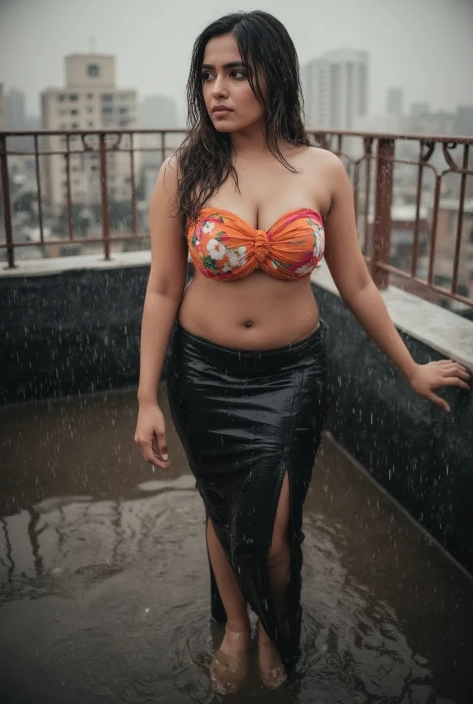 Indian model,40 year old girl, plus size body type,dark brown oily skin, glossy red lips,long black hair, wearing saree, wet body, wet saree,see through clothes,raining, outdoor background, greenish background, full body view, high resolution