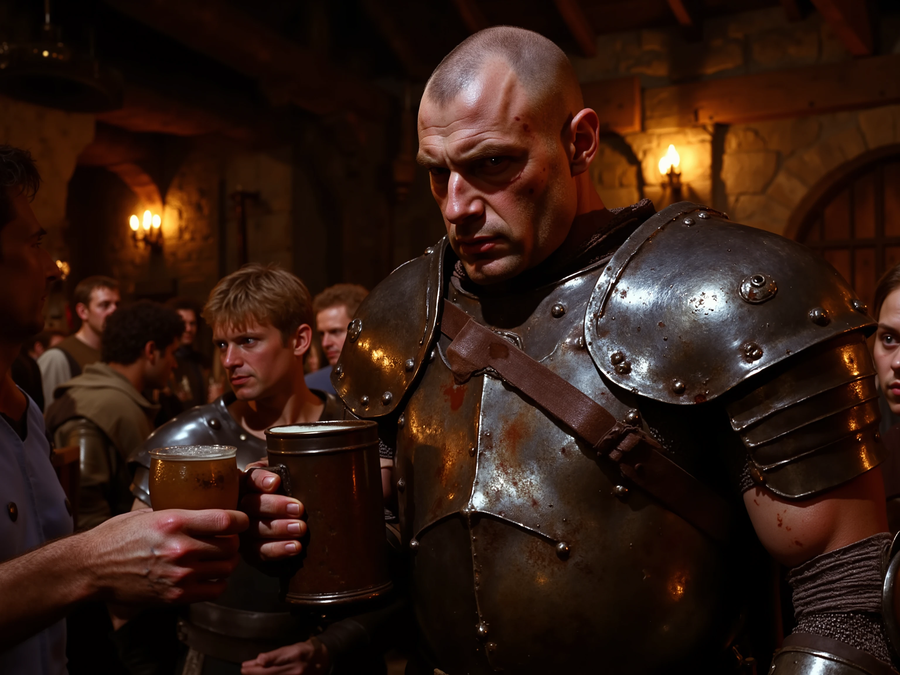 A broad-shouldered lean human man with a haunted air. Shaved scalp, broken nose, deep scars along both arms like a tally of past failures. His plate armor is made from rusty iron and is functional and ugly, smeared with old blood. He watches others with a soldier’s mistrust. He holds a tankard. He is standing in a rowdy medieval beer garden. He looks uncomfortable.